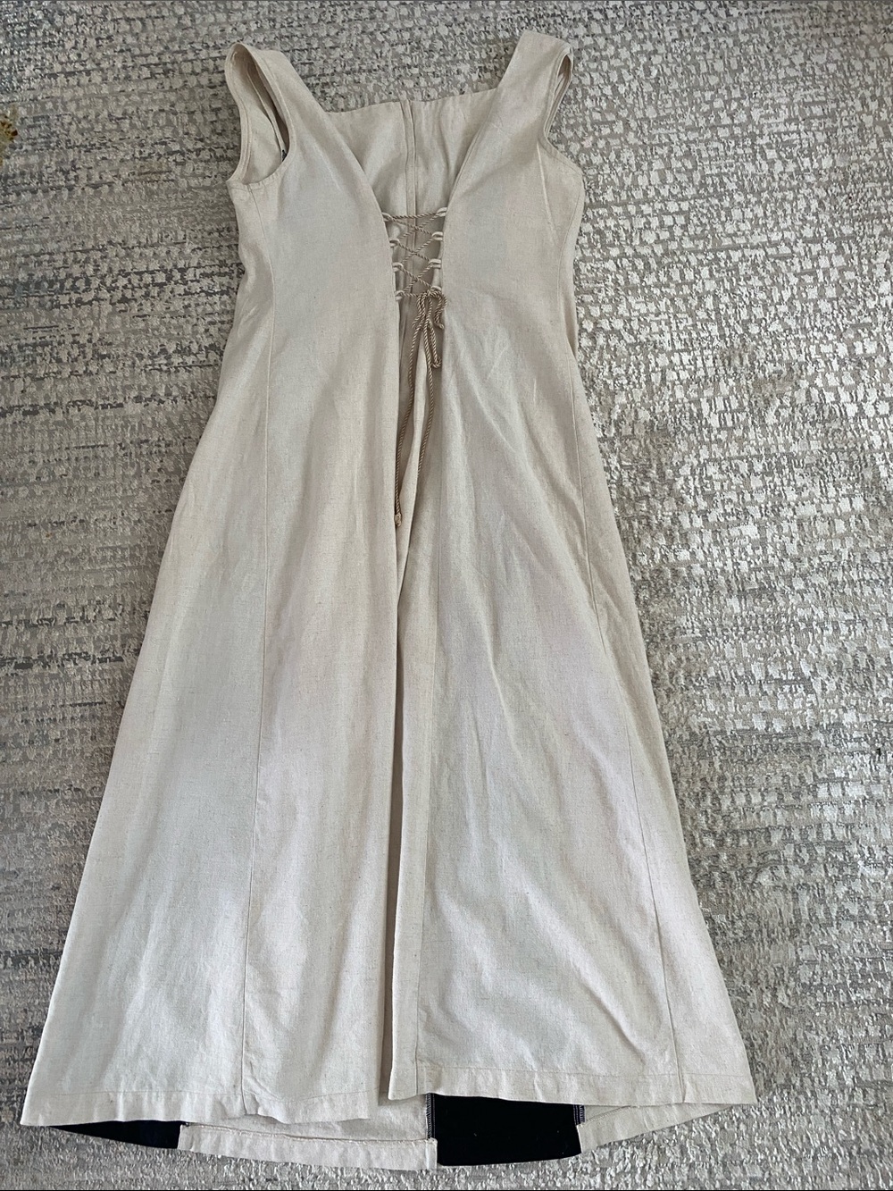 EXCALIBOR LInen Beige Maxi Dress w Black Insert & Lace-Up Panels Size X large - Picture 16 of 16